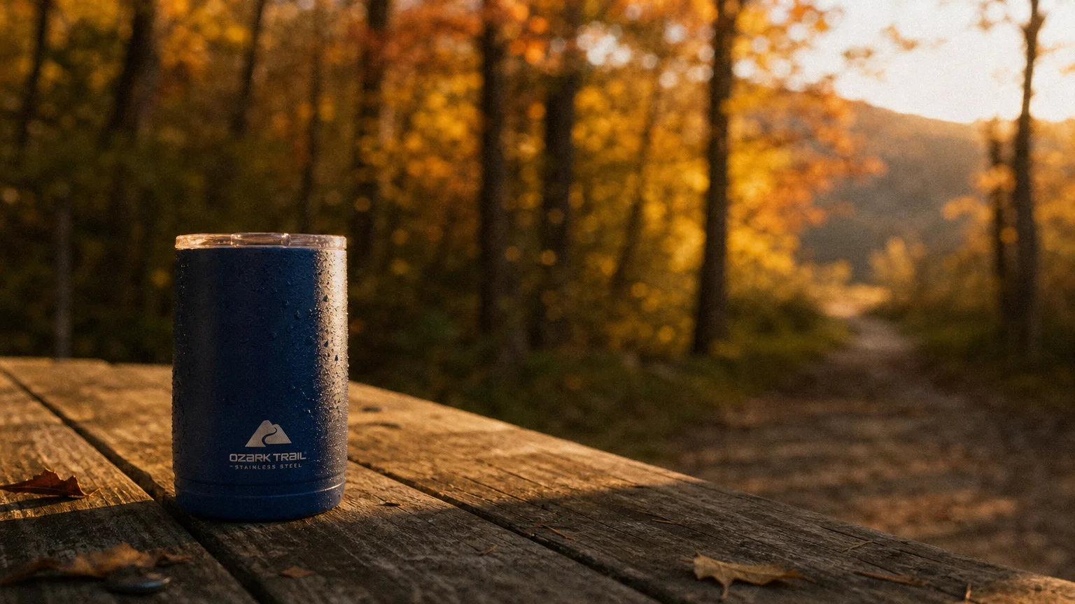 A navy blue Ozark Trail stainless steel tumbler sits on a wooden picnic table outdoors during a sunny autumn day.