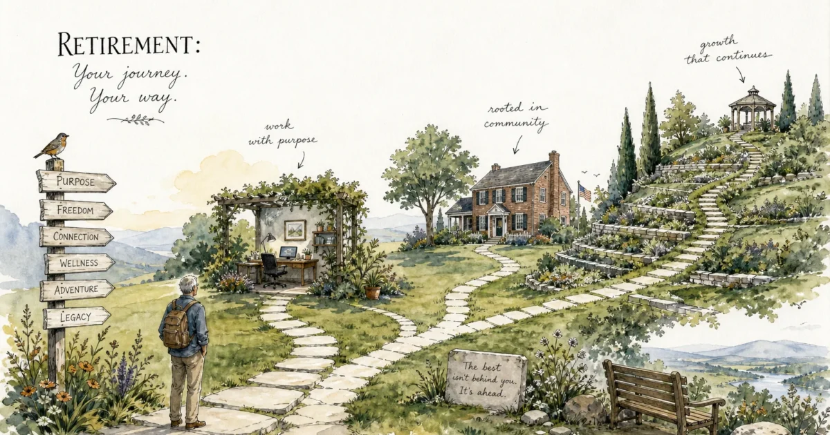 A New Yorker style ink and watercolor illustration of a winding path splitting into multiple prosperous avenues of modern retirement.