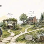 A New Yorker style ink and watercolor illustration of a winding path splitting into multiple prosperous avenues of modern retirement.
