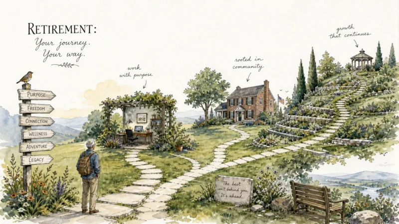 A New Yorker style ink and watercolor illustration of a winding path splitting into multiple prosperous avenues of modern retirement.