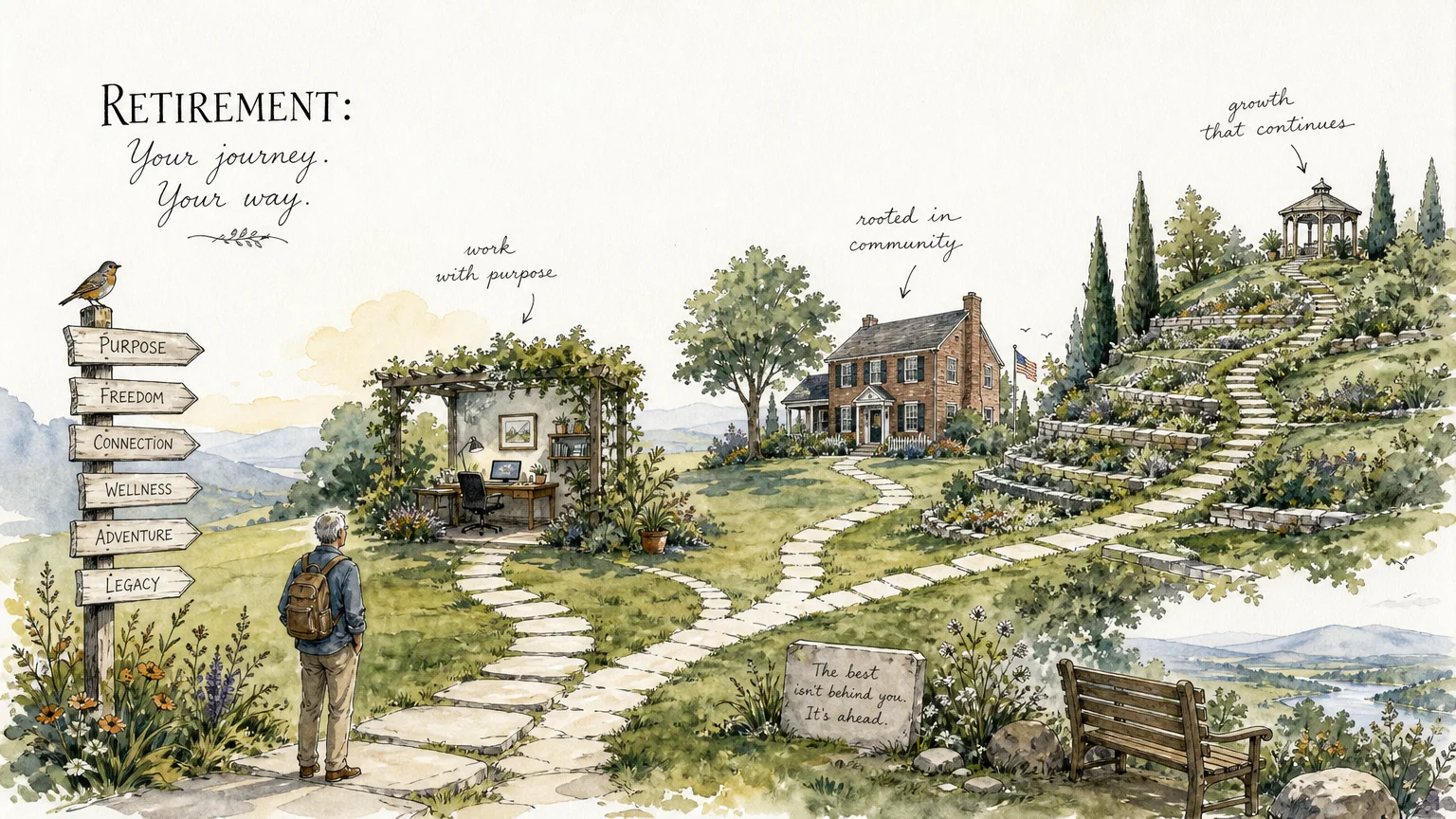 A New Yorker style ink and watercolor illustration of a winding path splitting into multiple prosperous avenues of modern retirement.