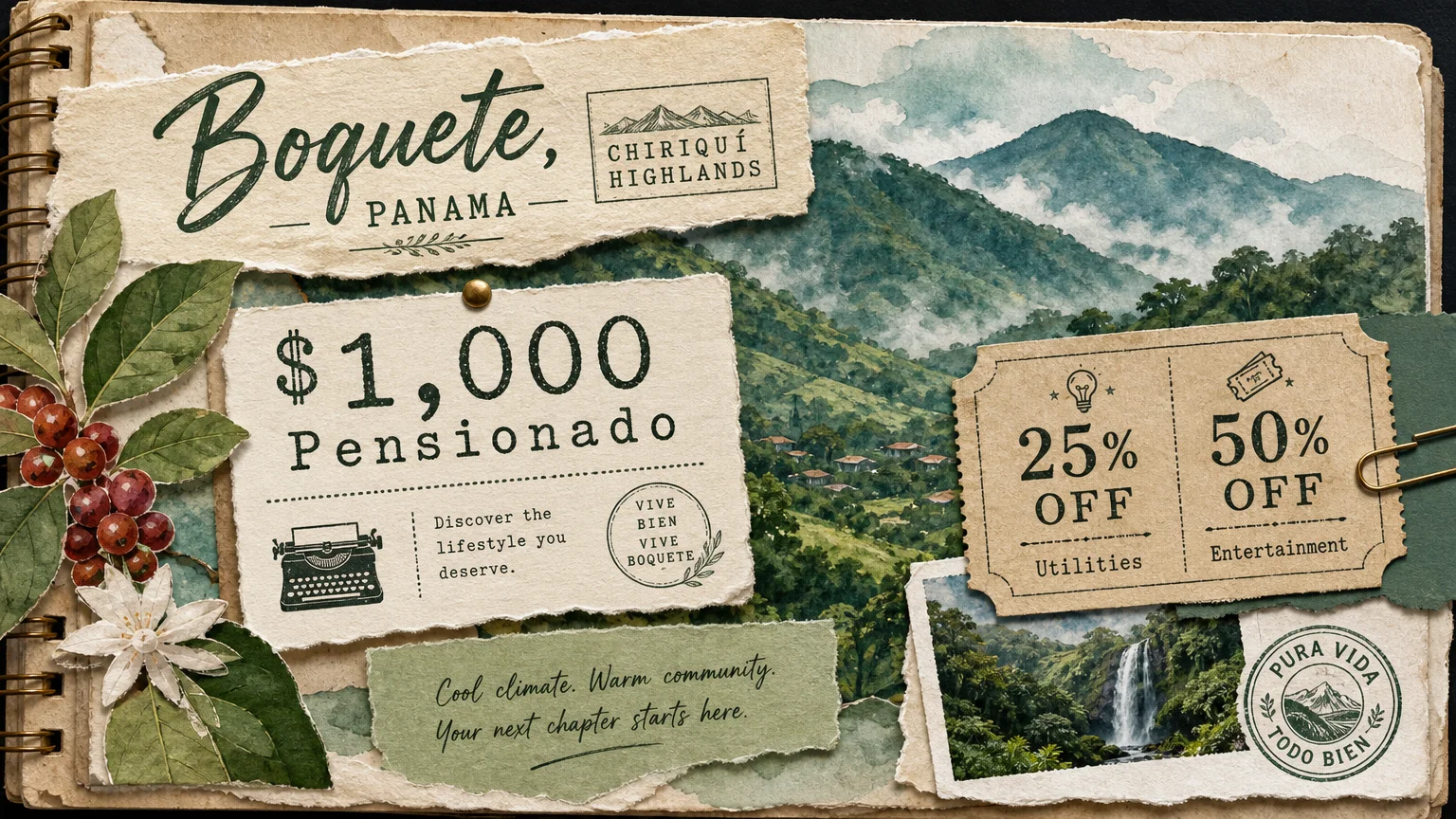 A paper-craft collage of Panamanian mountains with labels showing pension requirements and discount percentages.