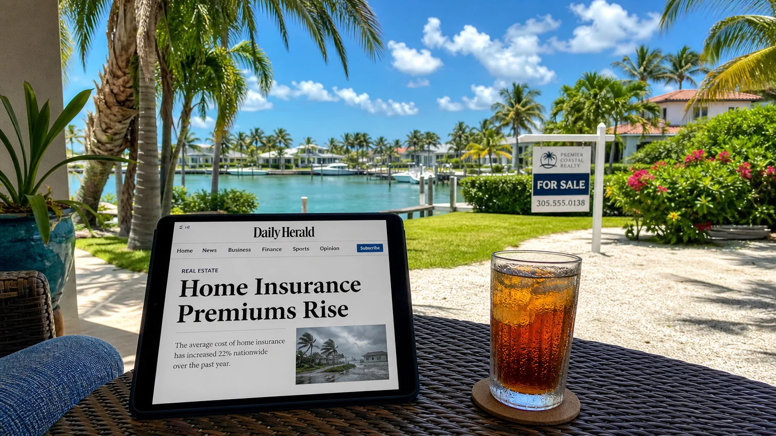 A patio in Florida with an iPad showing rising insurance costs and a 'For Sale' sign visible in the background.
