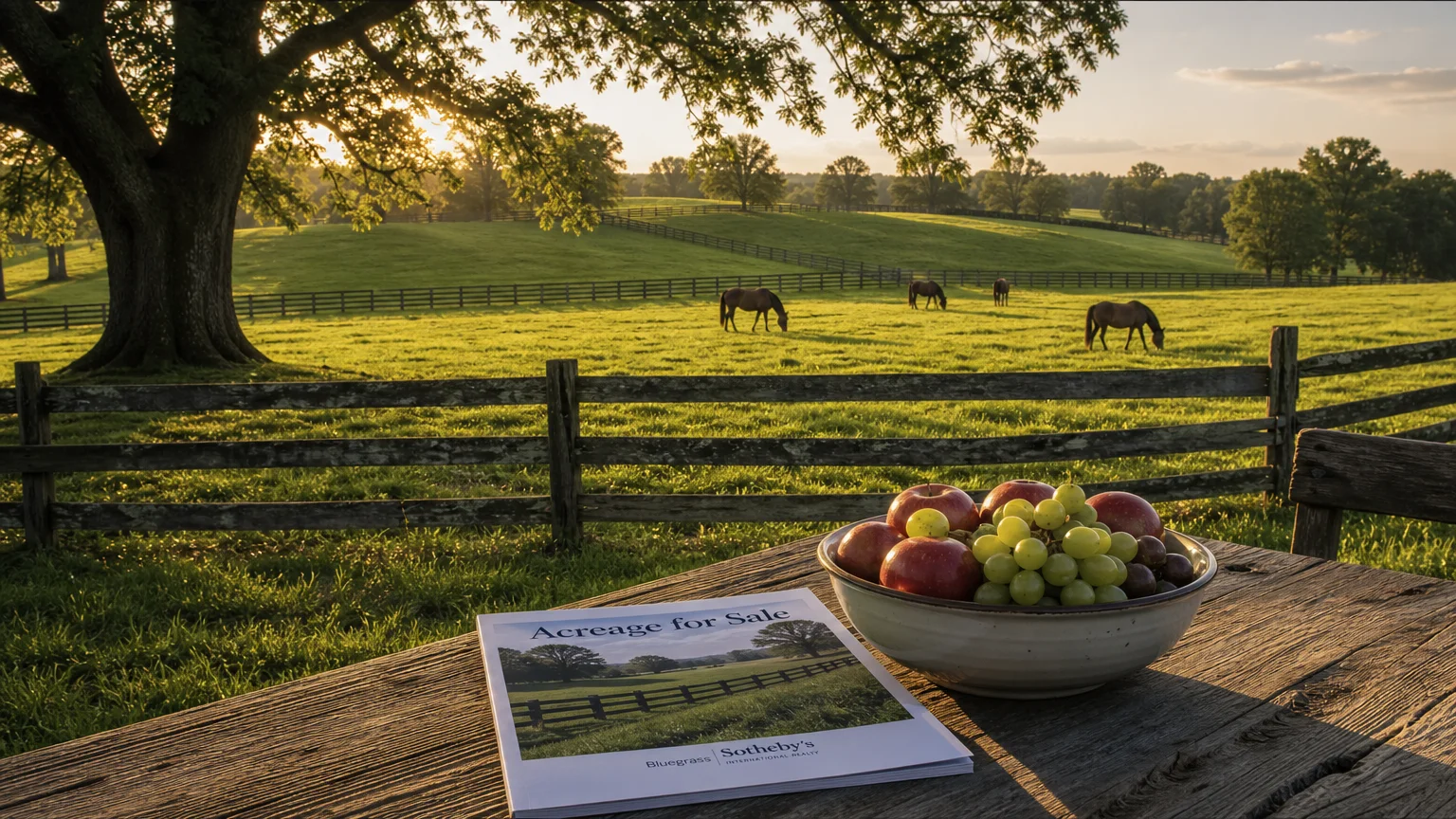 A peaceful Kentucky horse pasture with a real estate brochure in the foreground.