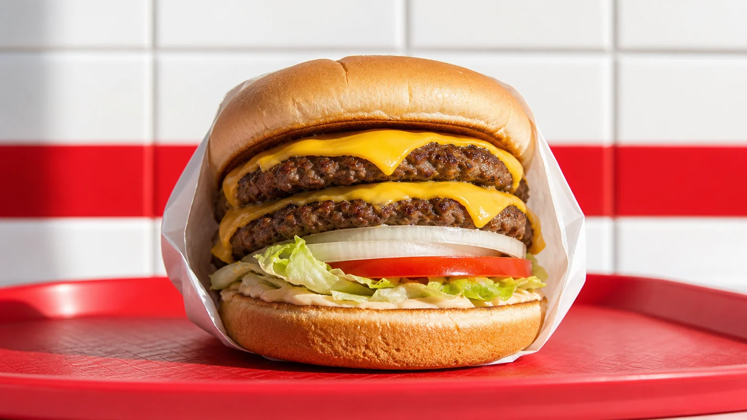 A perfectly stacked double cheeseburger on a red tray against a white tiled wall.