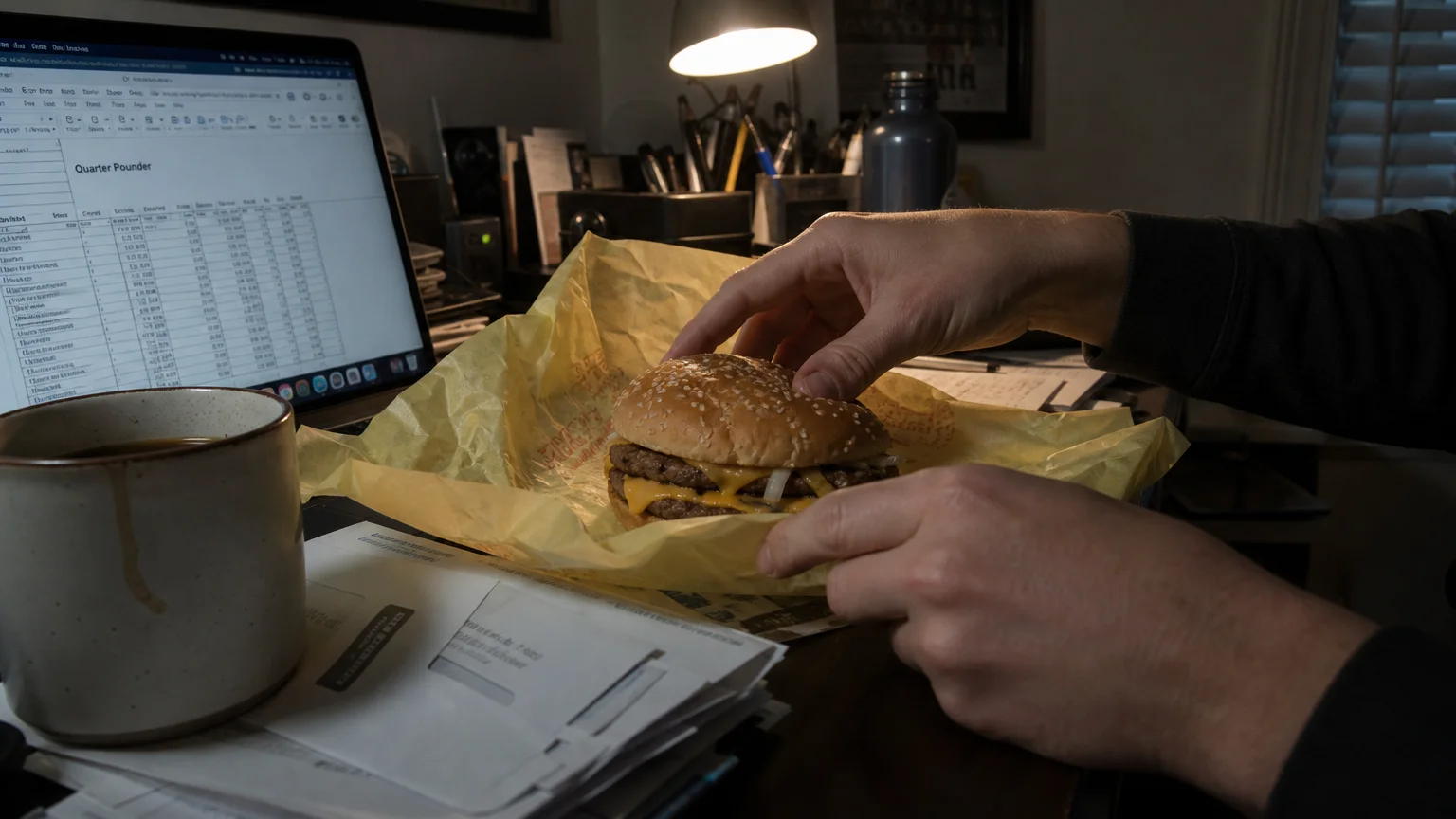 A person having a burger at a desk with a laptop and a coffee mug, showing a real-world quick lunch moment.