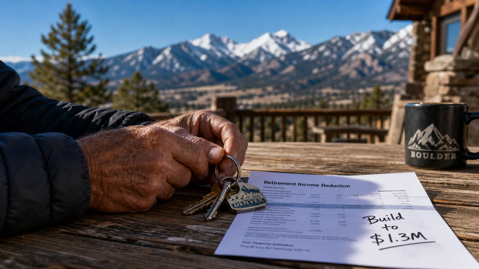 A person's hands holding house keys with the Rocky Mountains in the background and a note mentioning a $1.3 million goal.