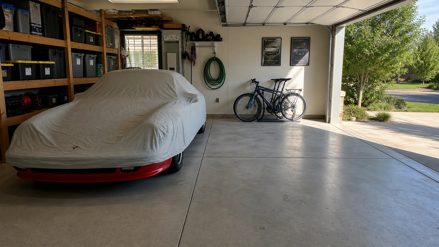 A photograph of a clean, organized suburban garage with space for vehicle storage, lit by natural morning light.