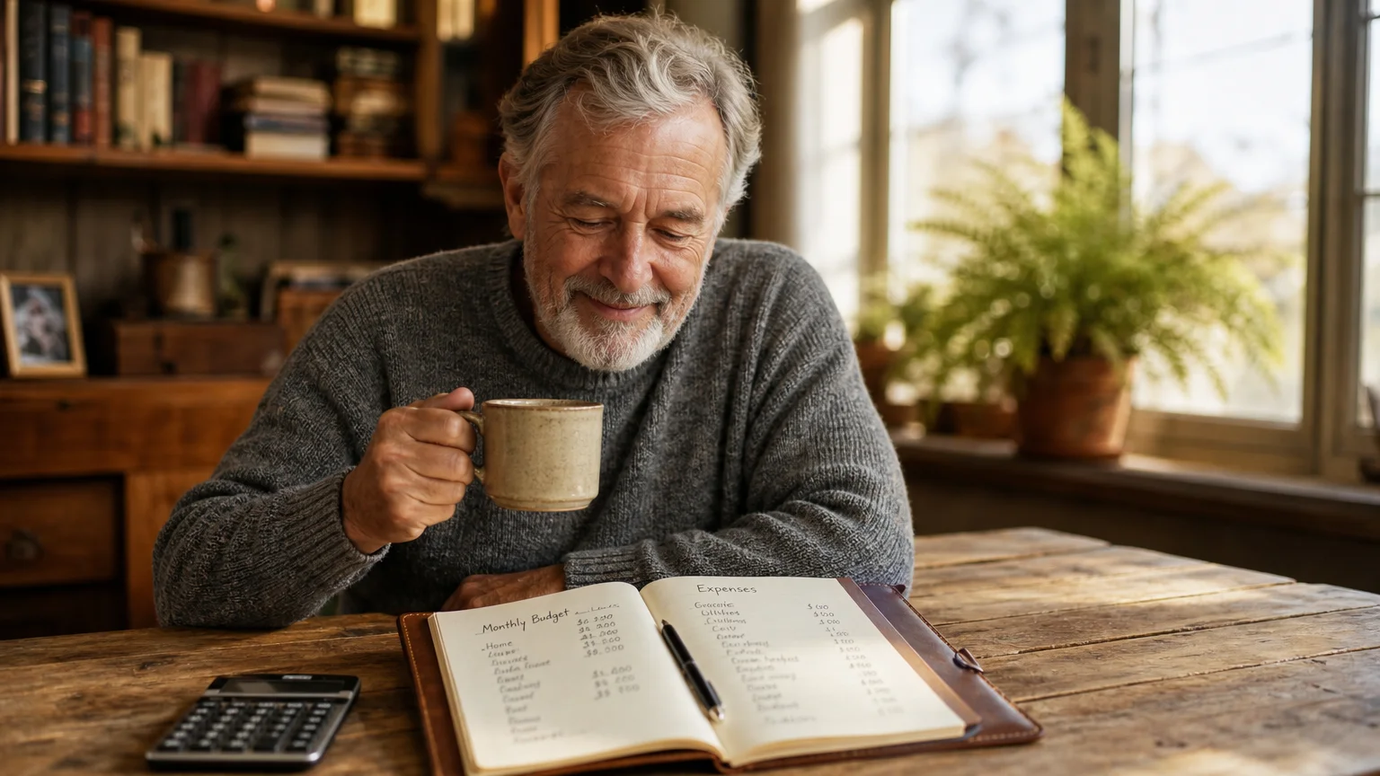 A photograph of a relaxed retiree at a sunlit kitchen table, reviewing his home budget with a cup of coffee.