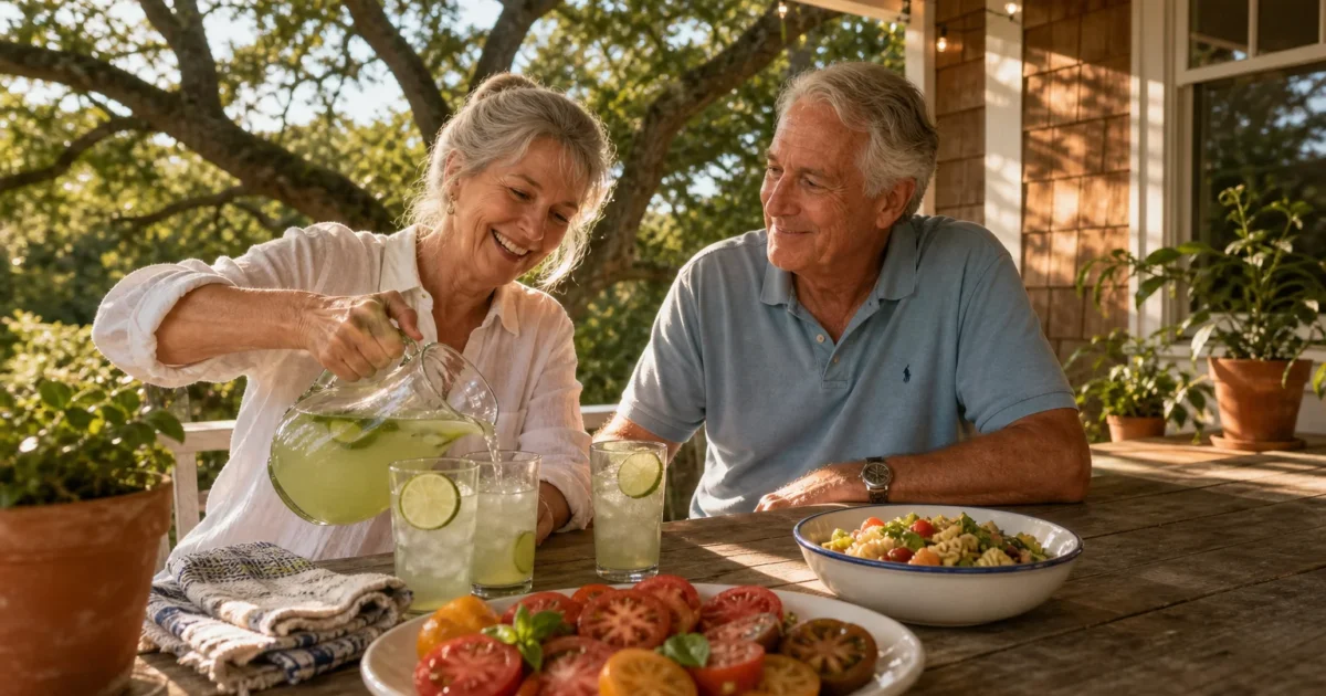 A retired couple enjoying a refreshing cold drink and fresh summer food on their sunny back porch.