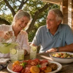 A retired couple enjoying a refreshing cold drink and fresh summer food on their sunny back porch.