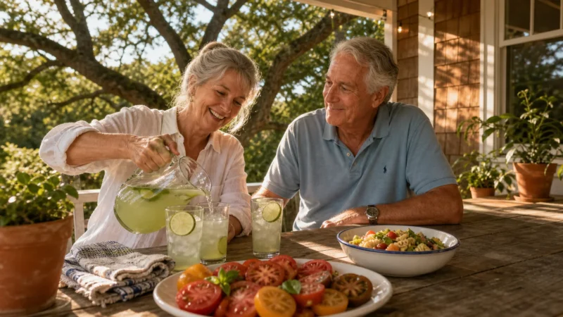 A retired couple enjoying a refreshing cold drink and fresh summer food on their sunny back porch.