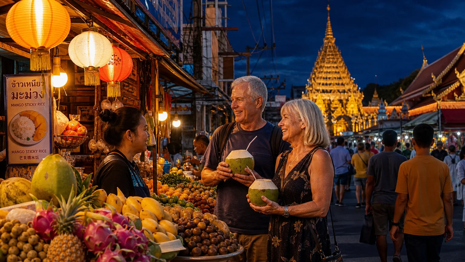 A retired couple enjoys a tropical drink at a bustling night market in Chiang Mai, Thailand, with a golden temple in the background.