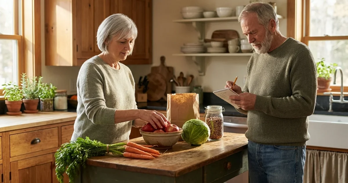 A retired couple in a sunlit home kitchen unloading whole groceries and reviewing a handwritten shopping list together.