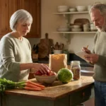 A retired couple in a sunlit home kitchen unloading whole groceries and reviewing a handwritten shopping list together.