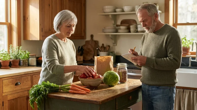 A retired couple in a sunlit home kitchen unloading whole groceries and reviewing a handwritten shopping list together.