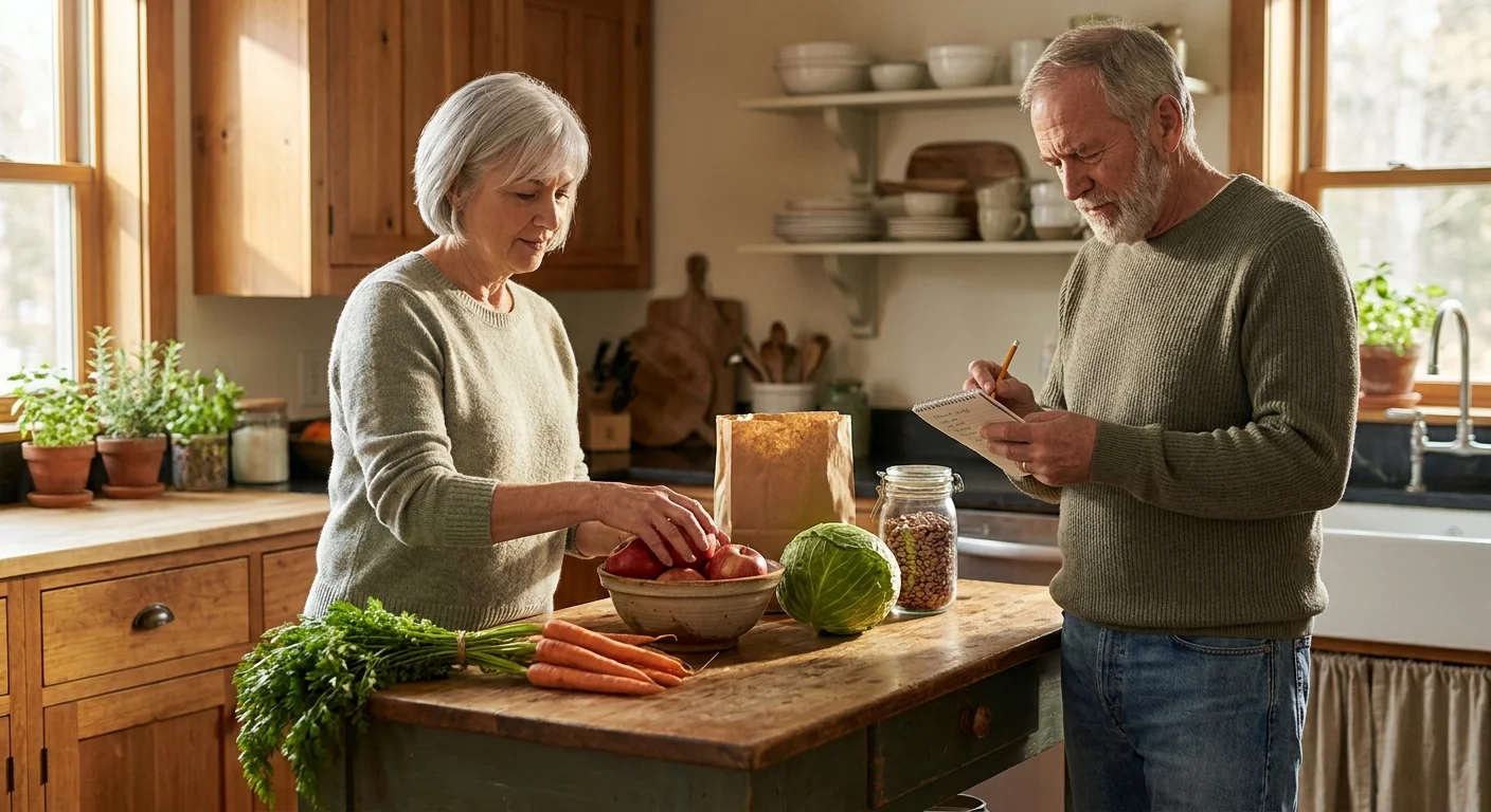 A retired couple in a sunlit home kitchen unloading whole groceries and reviewing a handwritten shopping list together.
