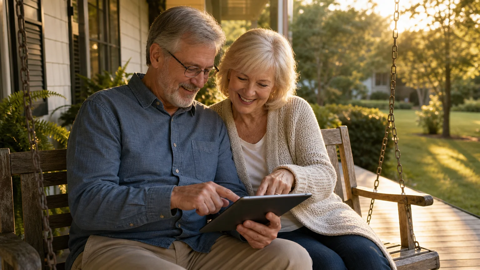 A retired couple sits on a porch swing together, smiling as they look at a tablet, representing collaborative retirement planning.