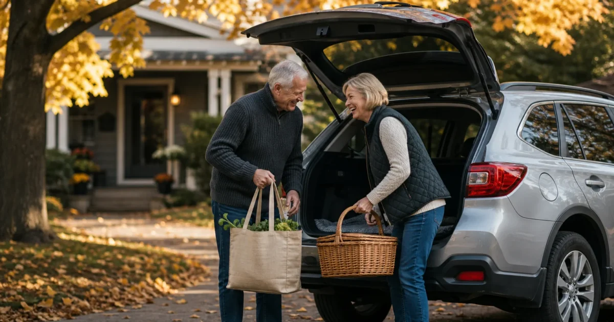 A retired couple smiling while unloading bags from the back of a silver compact crossover parked in a sunny, tree-lined suburban driveway.