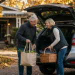 A retired couple smiling while unloading bags from the back of a silver compact crossover parked in a sunny, tree-lined suburban driveway.