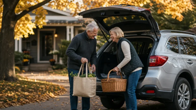 A retired couple smiling while unloading bags from the back of a silver compact crossover parked in a sunny, tree-lined suburban driveway.