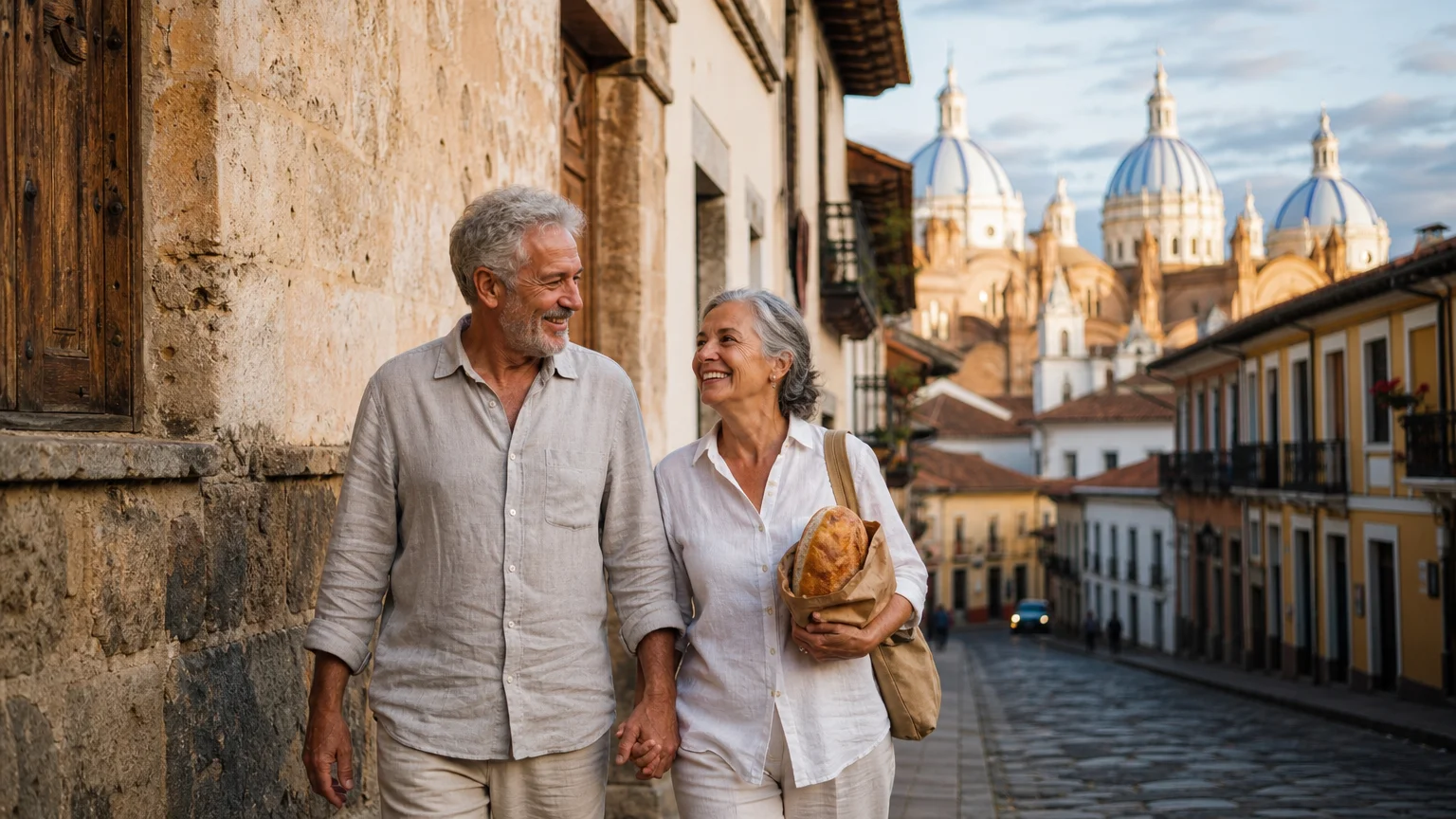 A retired couple walks down a cobblestone street in Cuenca, Ecuador, with the historic blue-domed cathedral in the background.