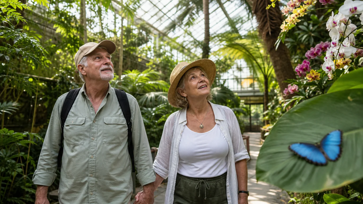 A retired couple walks through a lush, sunlit tropical indoor botanical conservatory in Gainesville, Florida.