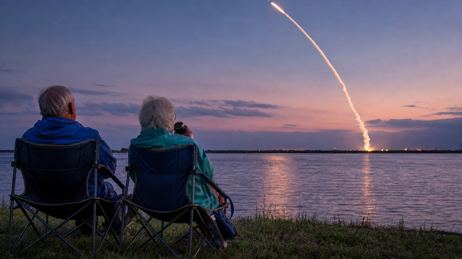 A retired couple watches a rocket launch from lawn chairs on a grassy riverbank in Titusville, Florida, at twilight.