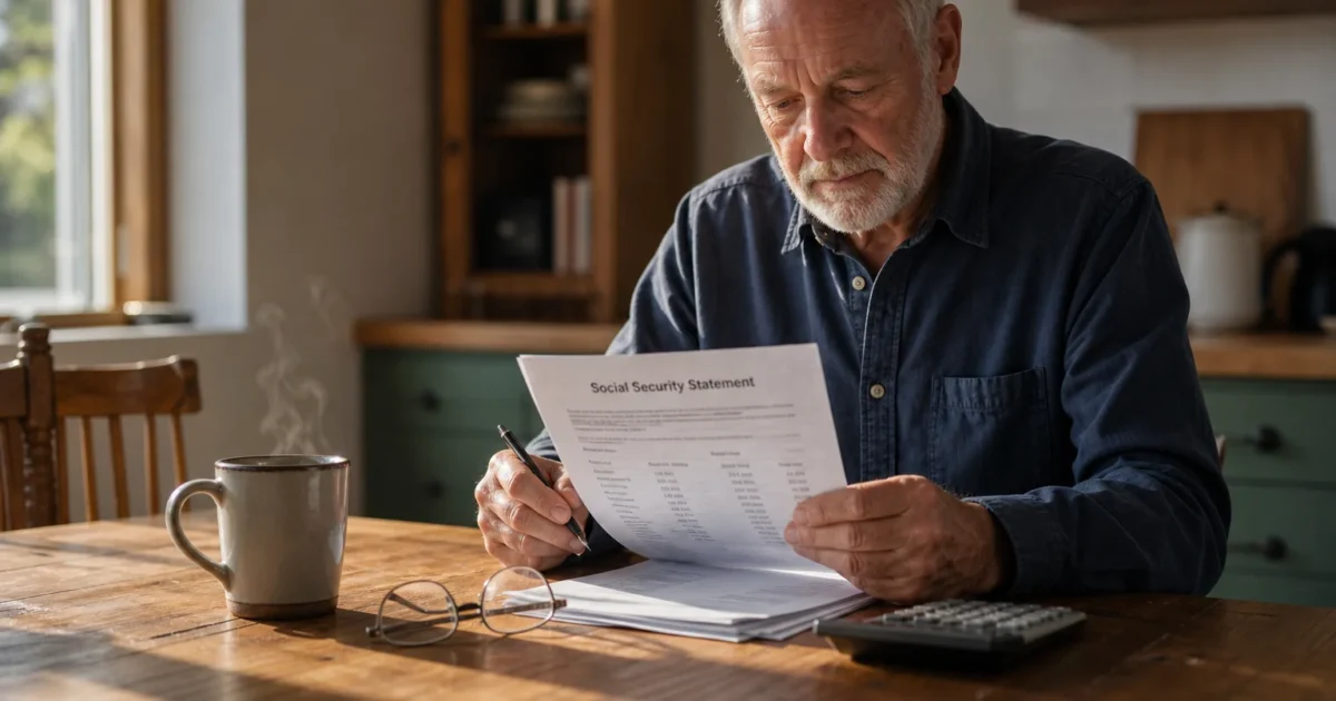 A retired man reviews his paper Social Security statement at a sunlit kitchen table, capturing a moment of realistic financial planning.