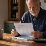 A retired man reviews his paper Social Security statement at a sunlit kitchen table, capturing a moment of realistic financial planning.