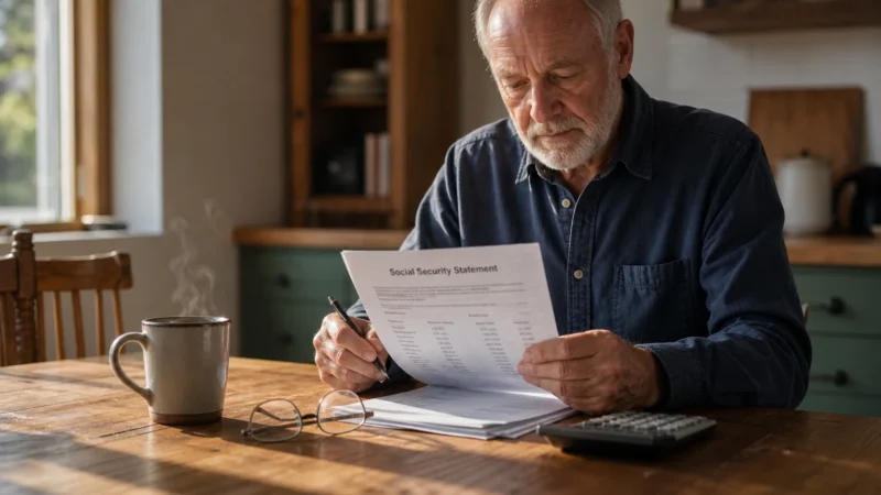A retired man reviews his paper Social Security statement at a sunlit kitchen table, capturing a moment of realistic financial planning.