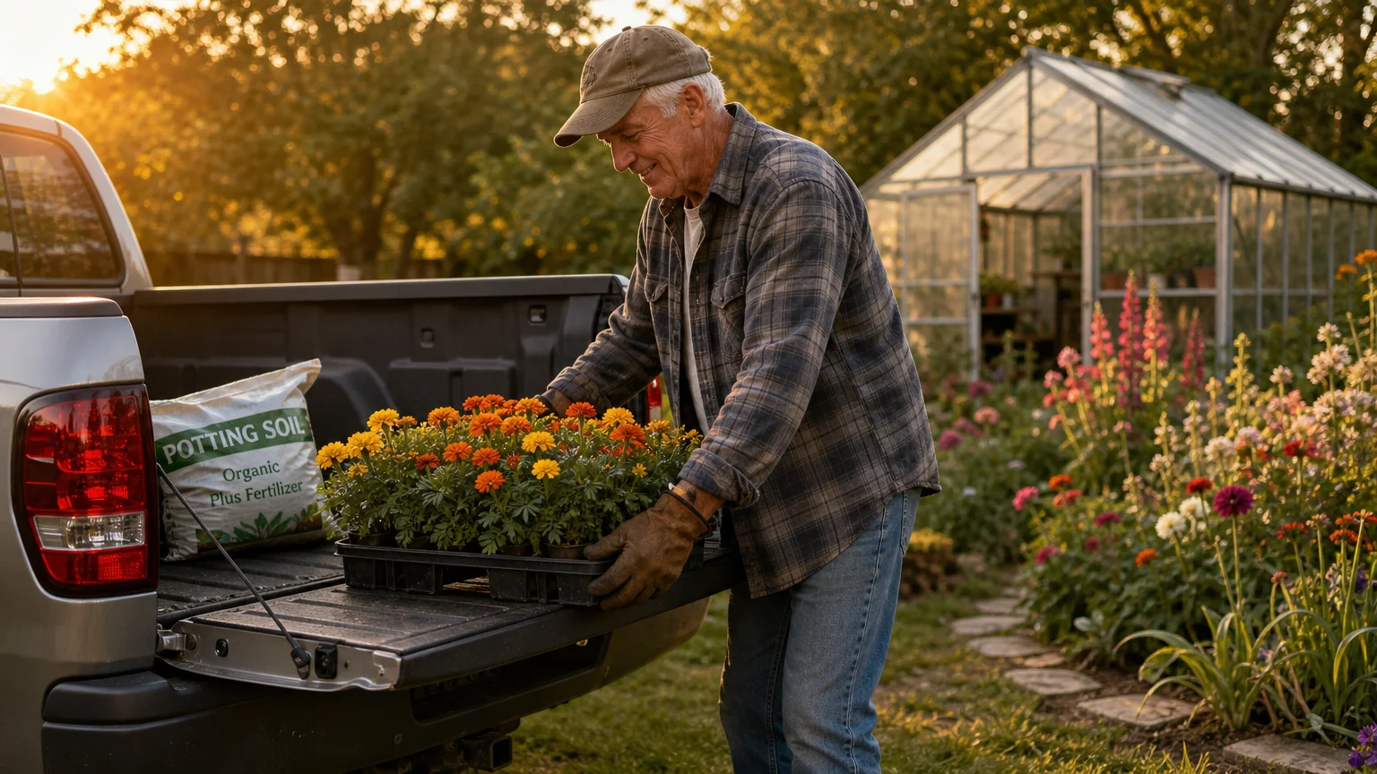A retired man unloading flowers and soil from the low bed of a compact pickup truck next to his backyard garden during golden hour.