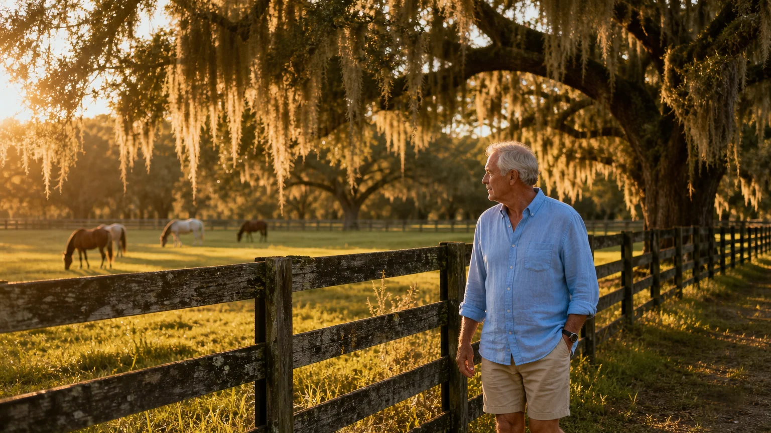 A retired man walks along a wooden fence next to a horse pasture in Ocala, Florida, during a golden afternoon.
