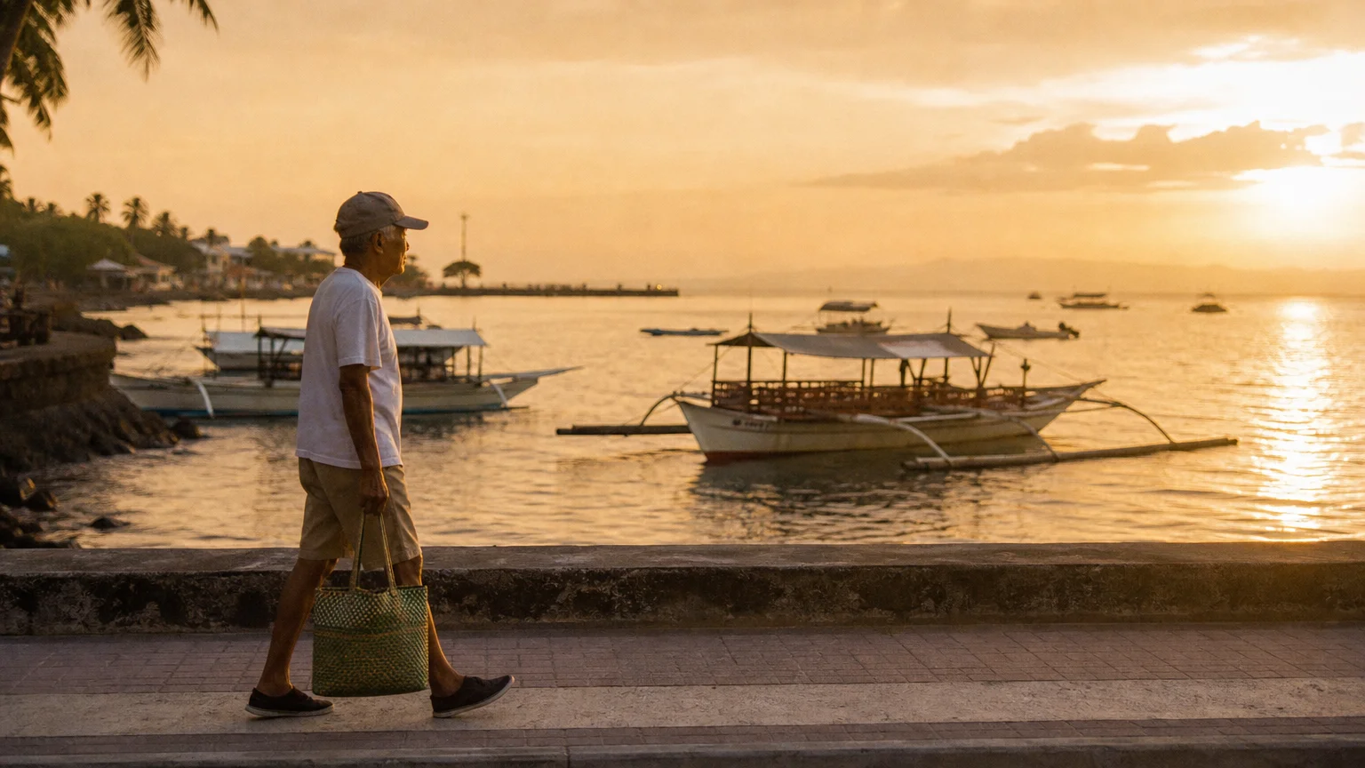 A retired man walks along the tropical waterfront of Dumaguete, Philippines at golden sunrise.