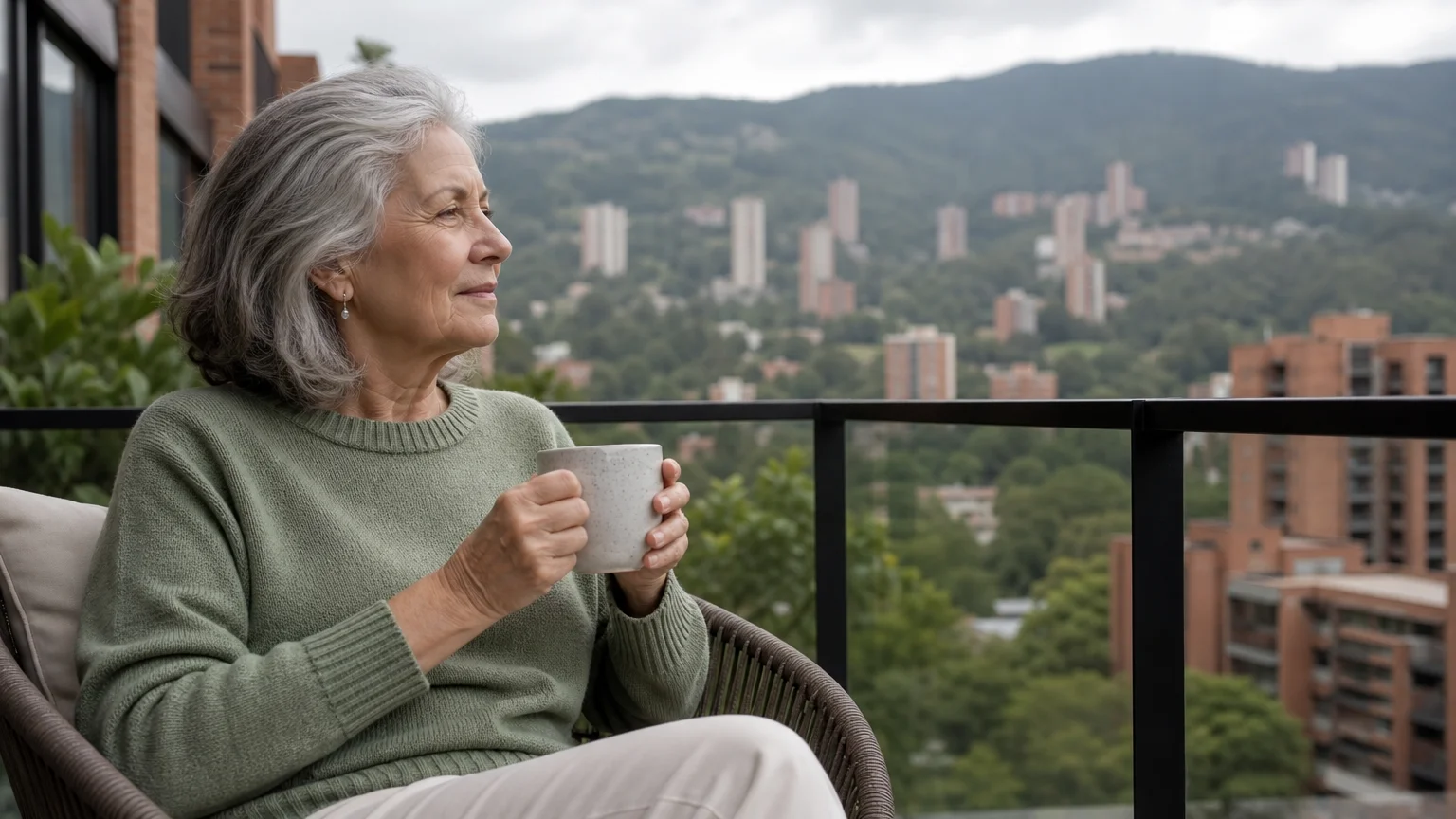 A retired woman sits on a terrace overlooking the green valley and modern brick high-rises of Medellin, Colombia.