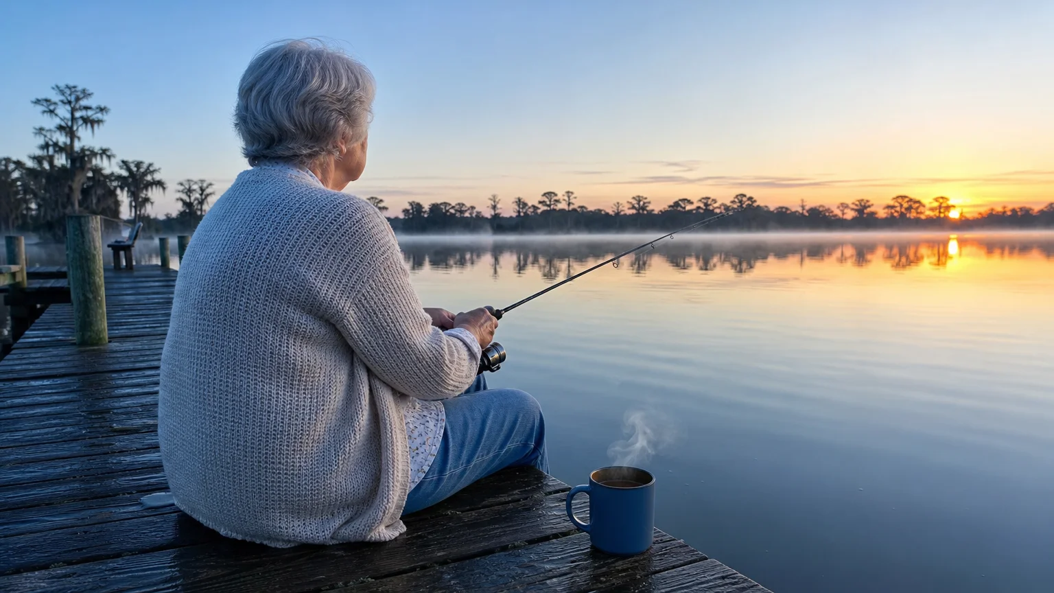 A retired woman sits on a wooden pier holding a fishing rod over a misty lake in Sebring, Florida, at sunrise.