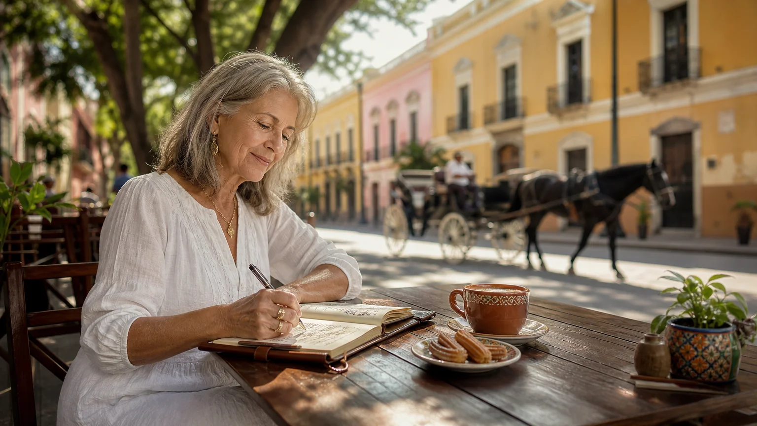 A retired woman sketches at an outdoor cafe in Merida, Mexico, surrounded by colorful colonial buildings.