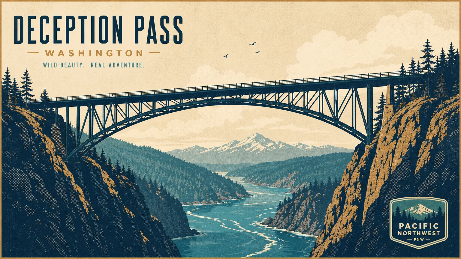 A retro screenprint illustration of the massive Twin Falls canyon suspension bridge over a blue river.