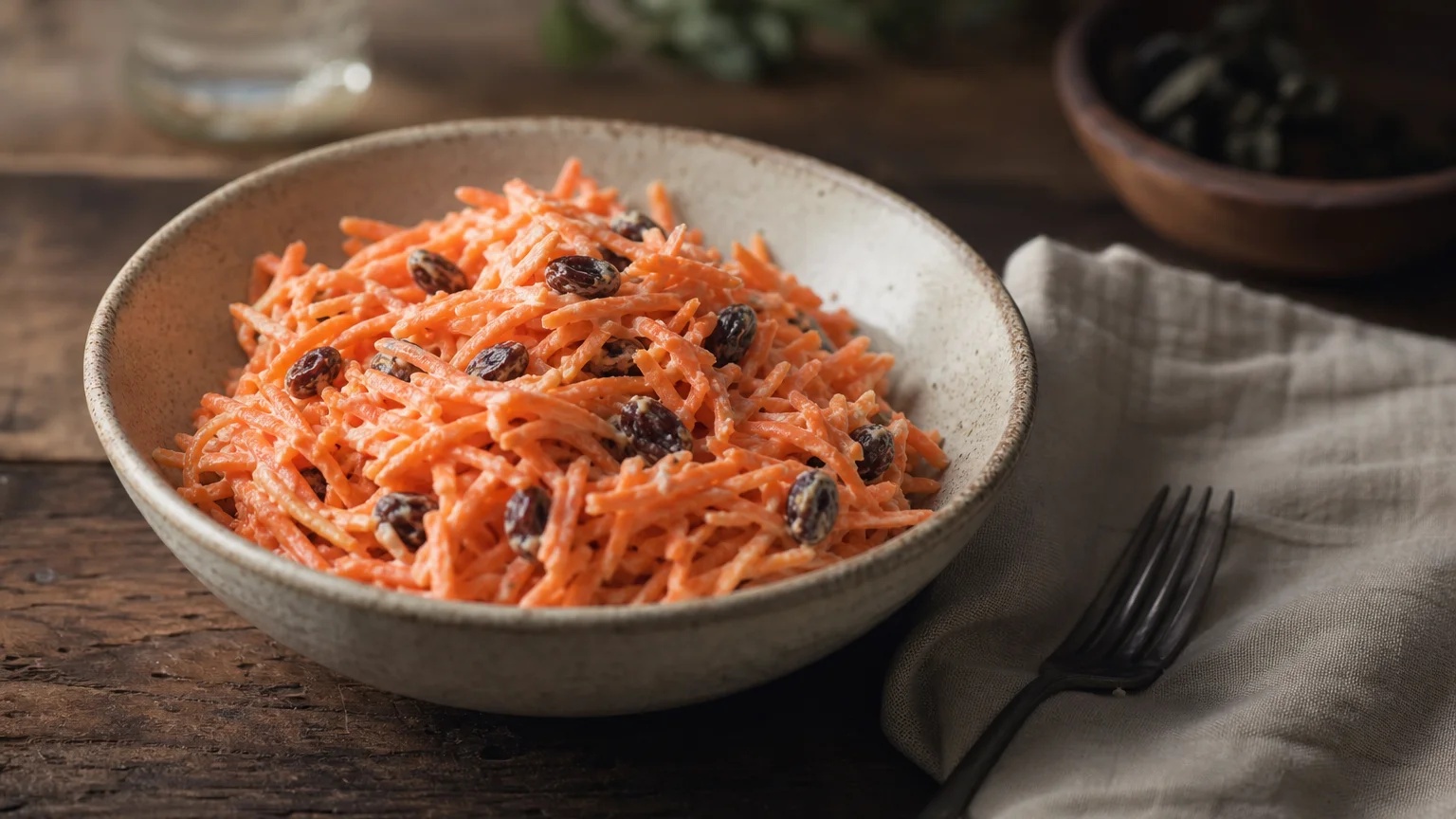 A rustic ceramic bowl filled with carrot and raisin salad on a dark wooden table in soft natural light.
