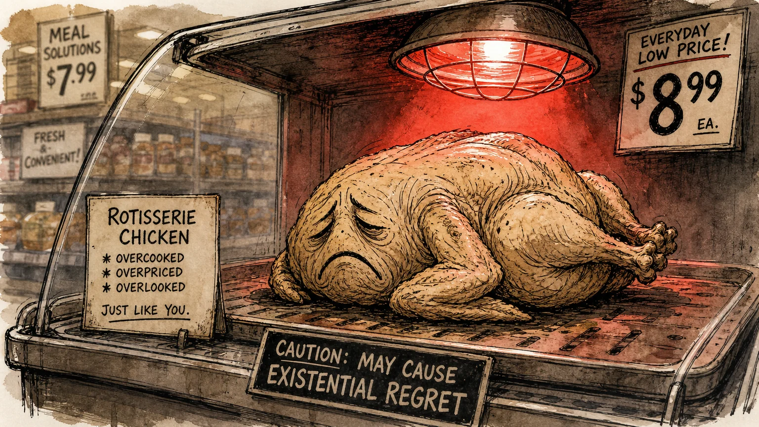 A sad, dry-looking cartoon chicken sitting alone under a harsh red heat lamp in an ink-and-watercolor style.