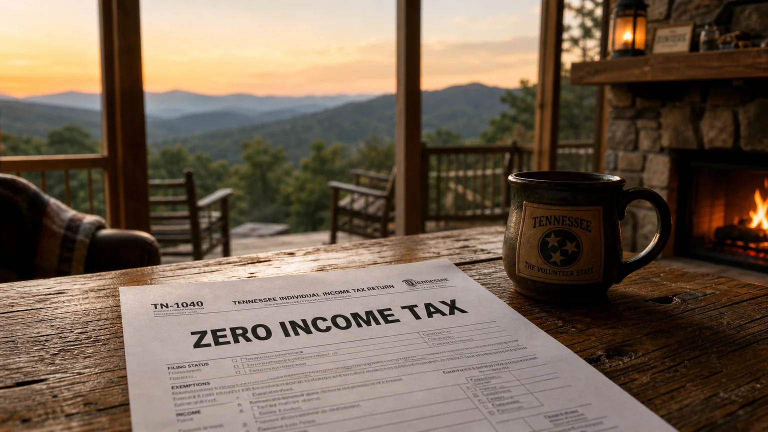 A scene in Tennessee with a tax form showing zero income tax on a table.