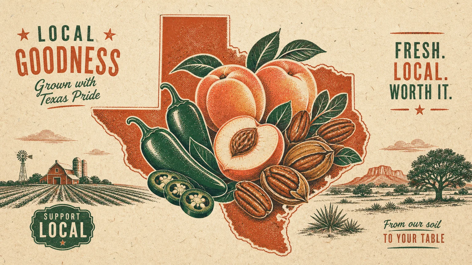 A screenprint illustration of the state of Texas filled with fresh local produce.