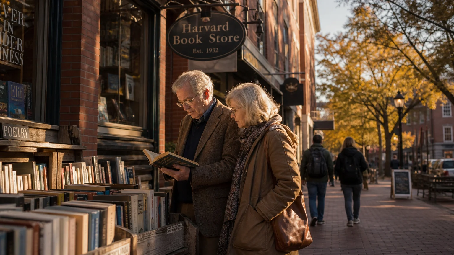 A senior couple browsing books outside a historic brick bookstore in Iowa City.