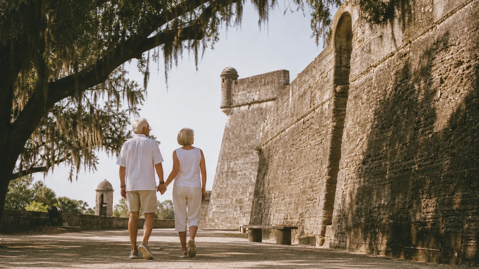 A senior couple walks past the historic coquina stone walls of a Spanish fort shaded by oaks and Spanish moss.