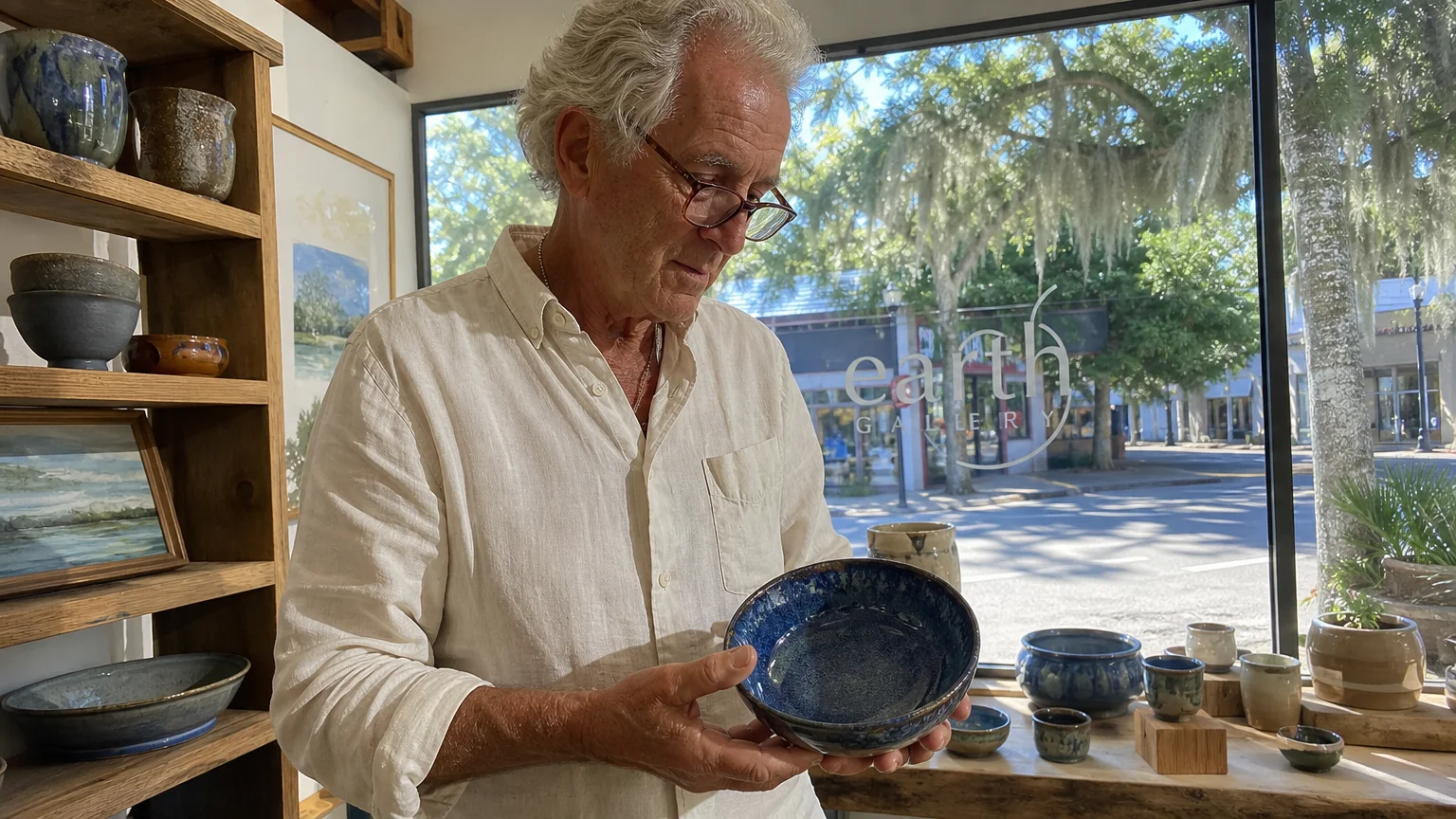 A senior man examines handmade ceramic pottery inside a bright, sun-dappled art gallery in Ocean Springs.