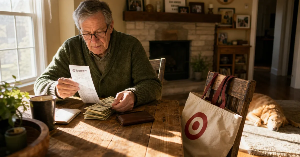 A senior man sitting at a sunlit kitchen table reviewing his shopping receipt with a reusable bag nearby.