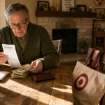 A senior man sitting at a sunlit kitchen table reviewing his shopping receipt with a reusable bag nearby.