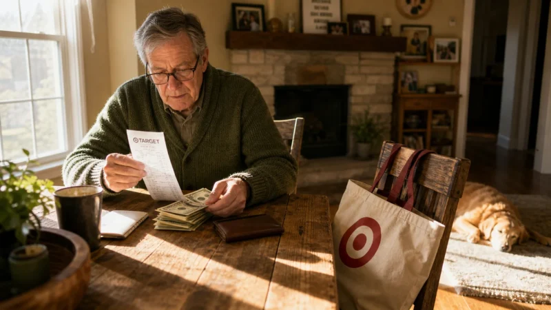 A senior man sitting at a sunlit kitchen table reviewing his shopping receipt with a reusable bag nearby.