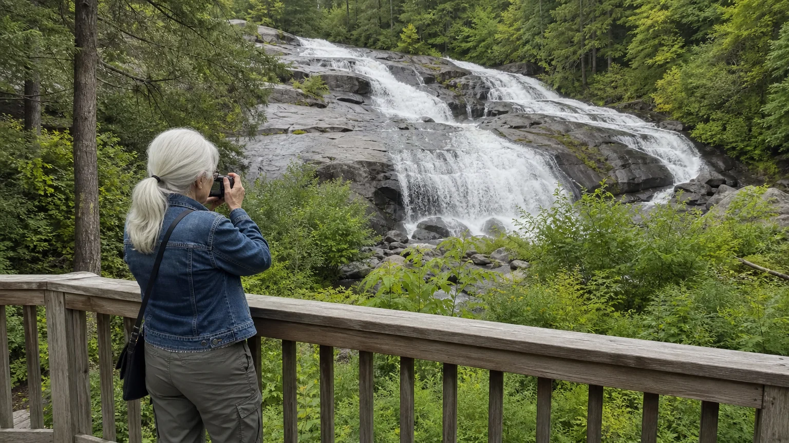 A senior woman takes a photo of a rushing waterfall from a viewing deck in Gadsden, Alabama.