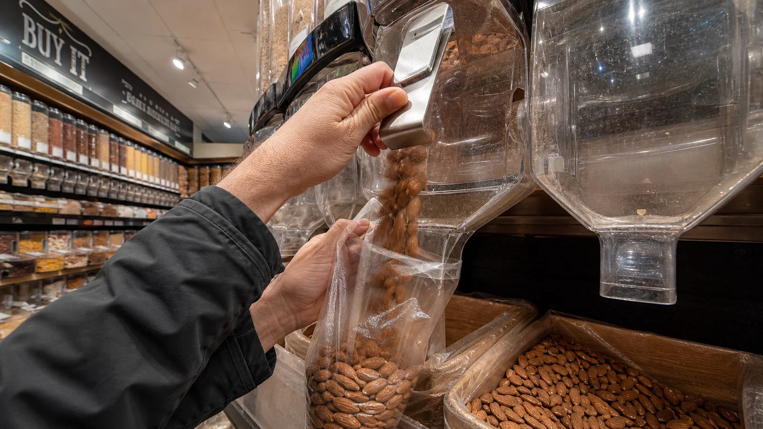 A shopper filling a plastic bag with whole almonds from a bulk bin gravity dispenser.